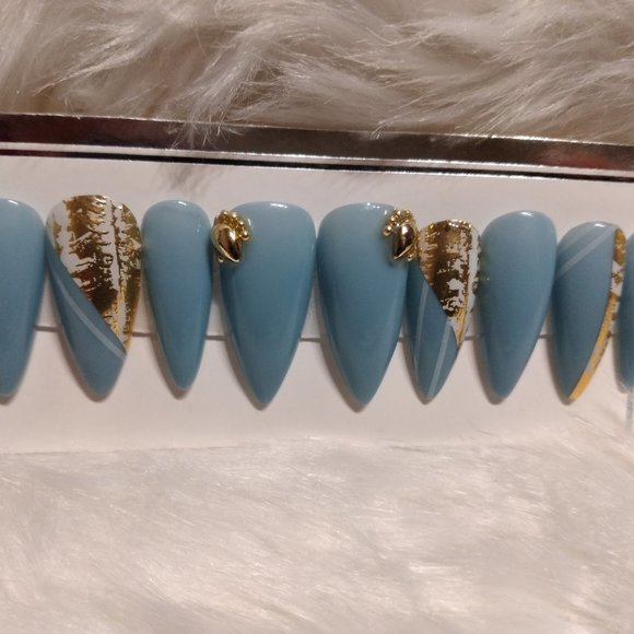 Gold and white marble seafoam green/blue press on nails pPN85 - Picture 1 of 2